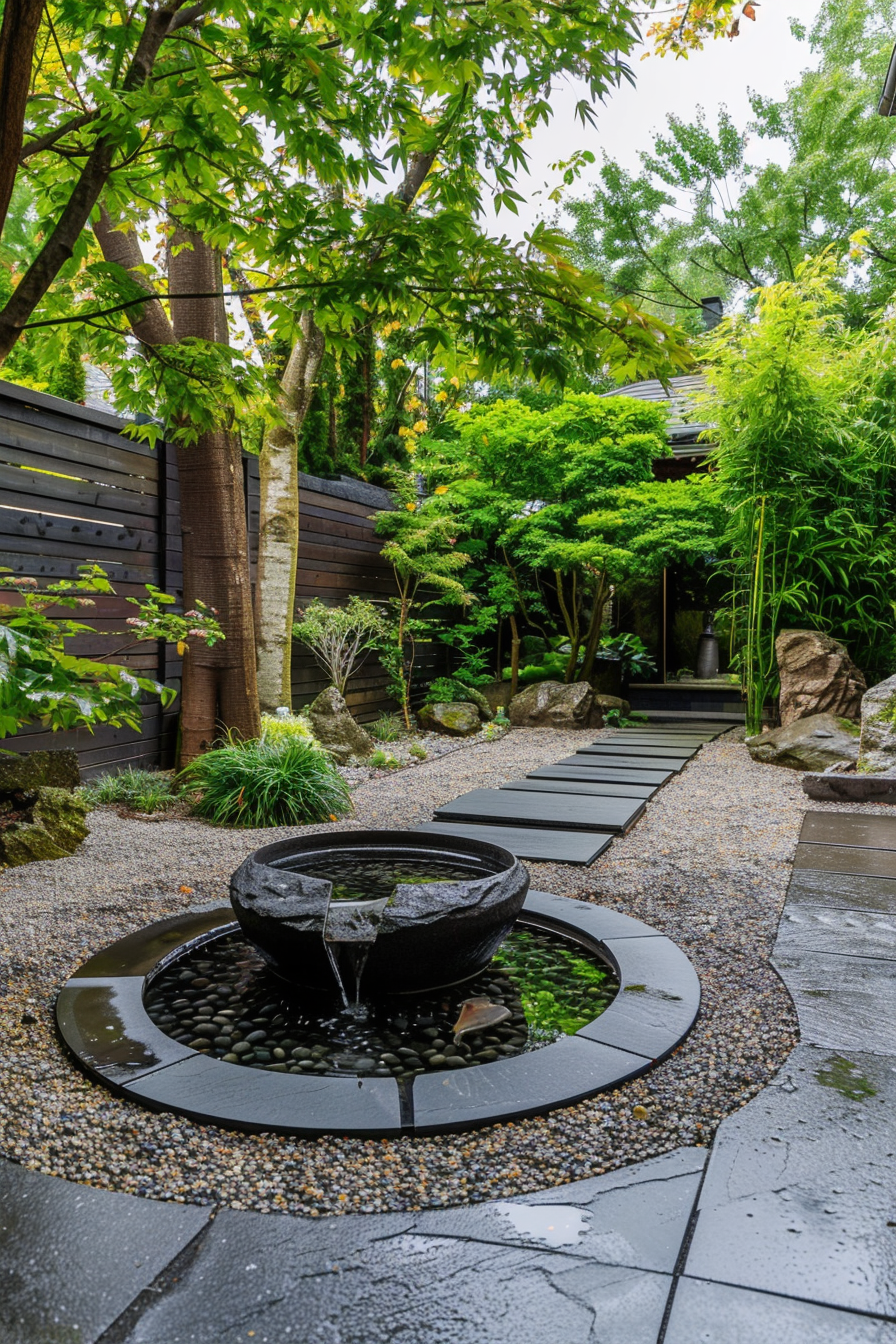 ALT: Tranquil Japanese garden with a stone path leading past a circular water feature surrounded by lush greenery and pebbles.