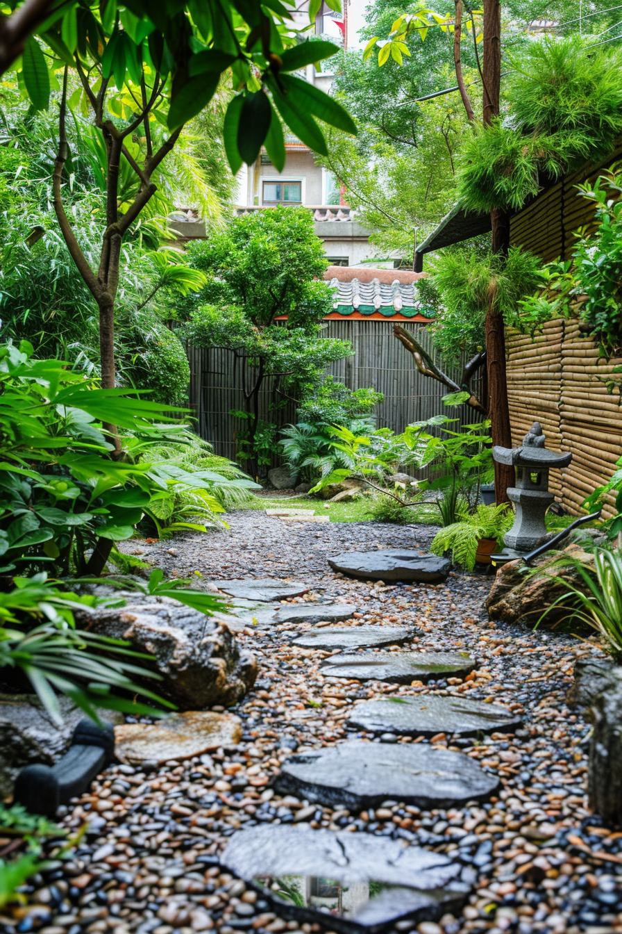 A serene garden pathway with stepping stones surrounded by lush greenery and a traditional stone lantern.