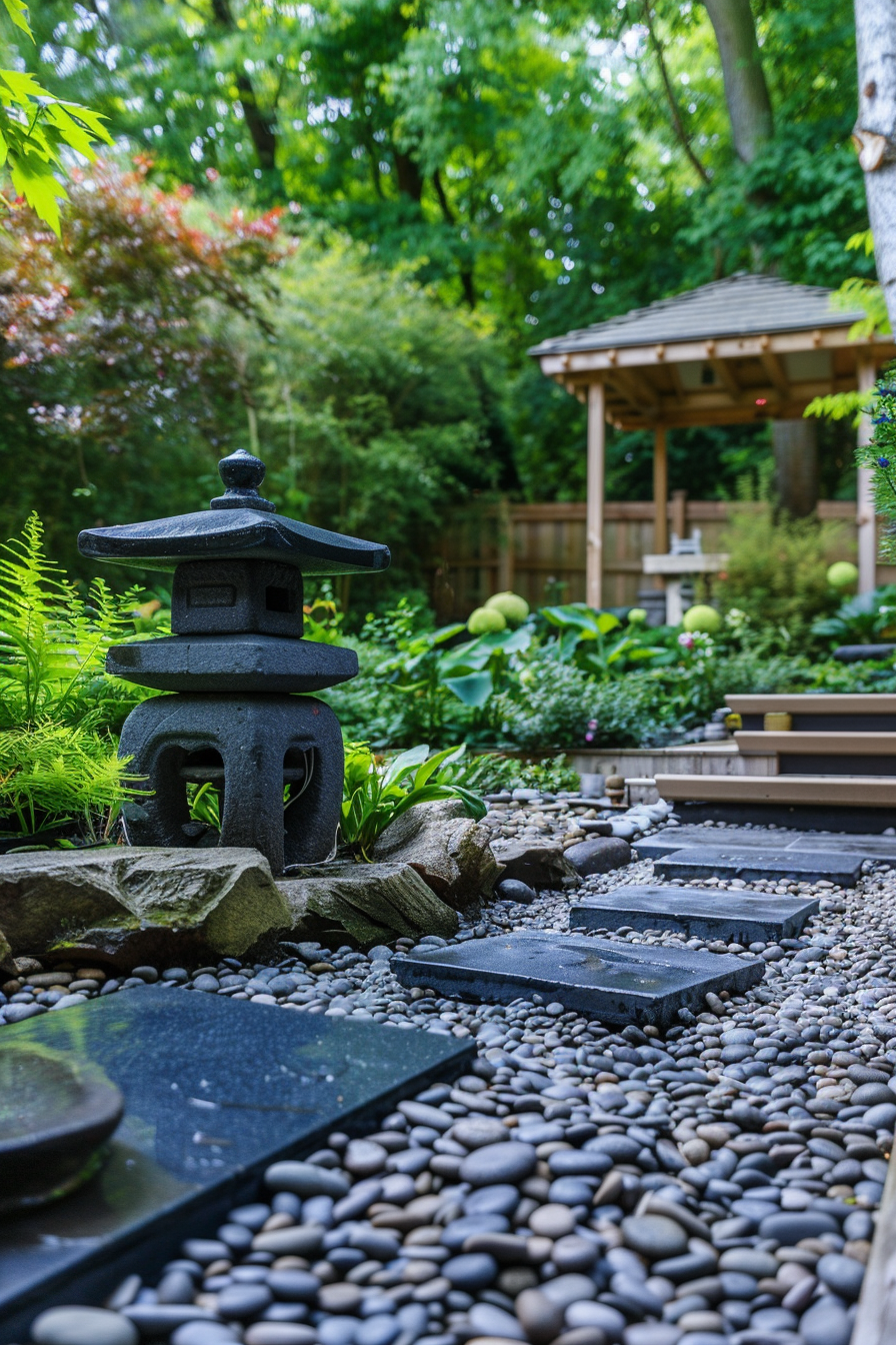 ALT: A tranquil Japanese garden with a stone lantern in the foreground, pebble paths, lush greenery, and a wooden gazebo in the background.