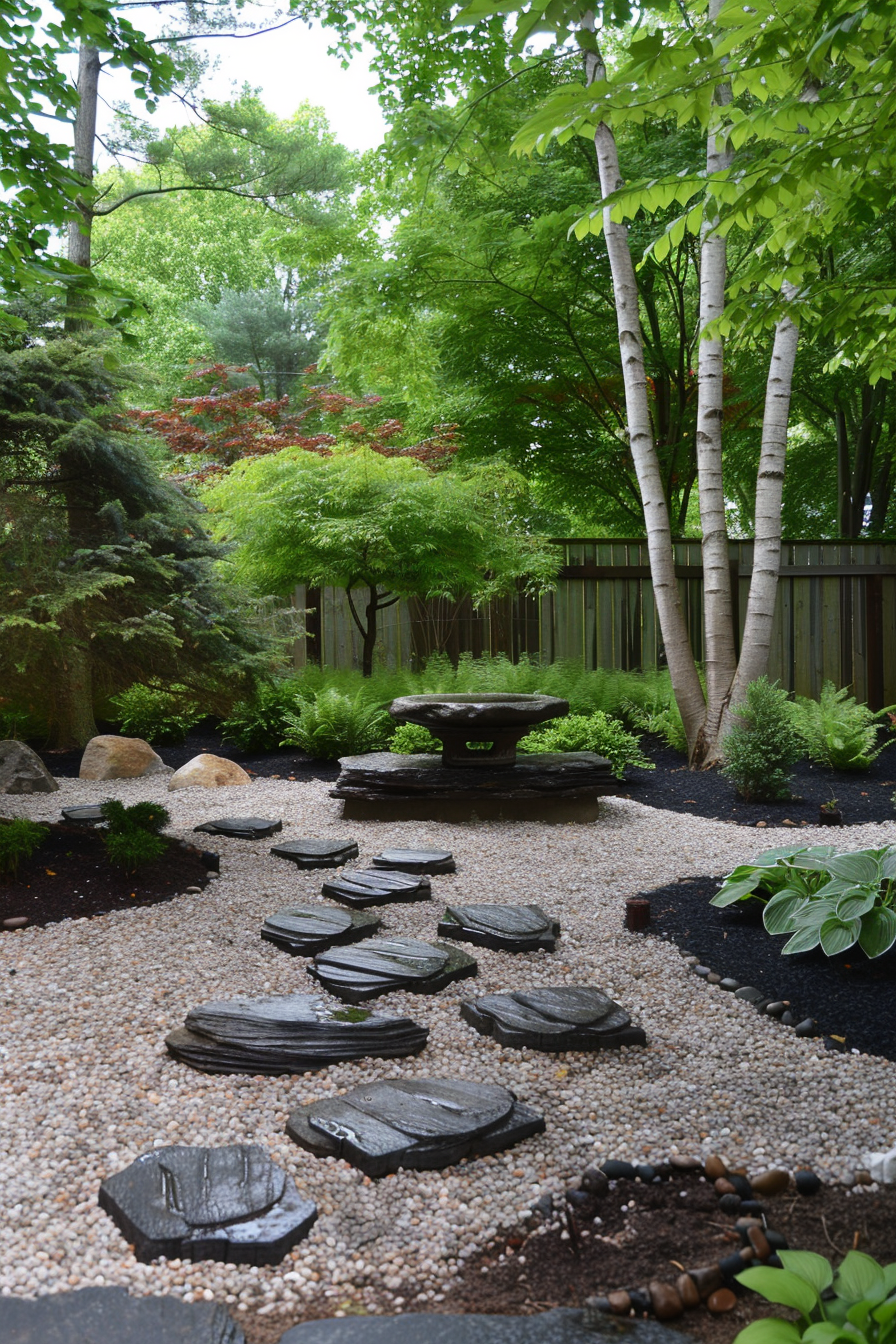 A tranquil garden path with circular stepping stones leading to a stone fountain, surrounded by lush trees and shrubs.