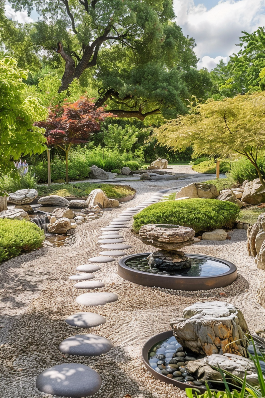 "Tranquil Japanese garden with stepping stones path, manicured plants, water basins, and a variety of trees under a sunny sky."