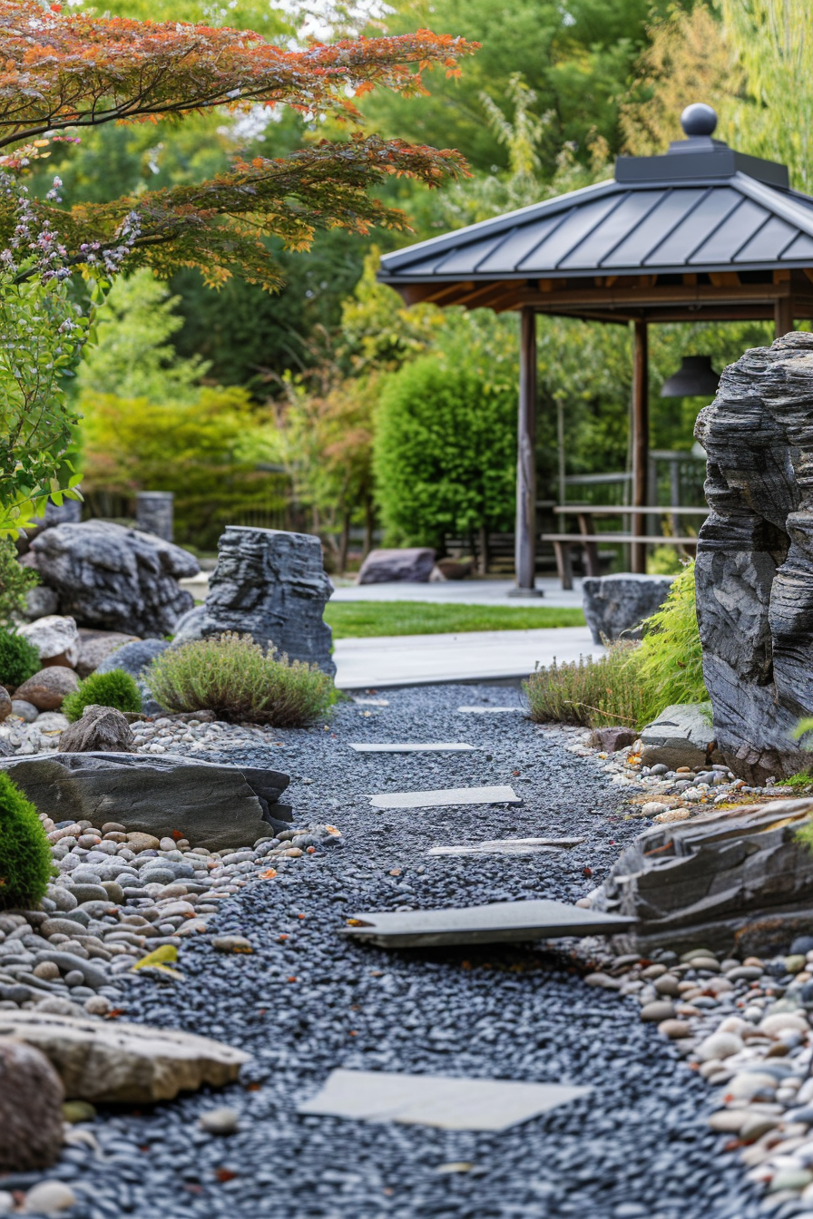 A serene Japanese garden pathway with stepping stones, surrounded by pebbles and greenery, leading to a gazebo.