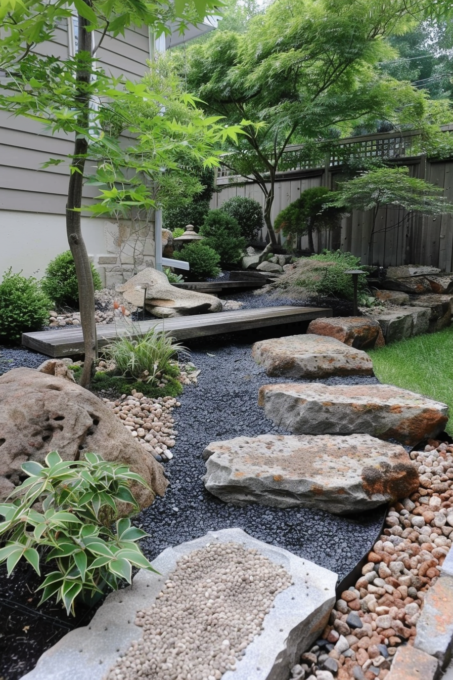 Tranquil Japanese-style garden with a water feature, stepping stones, assorted plants, and a decorative stone path.