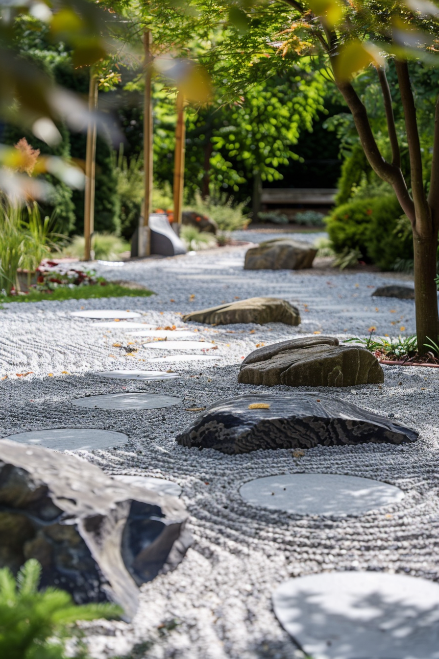 ALT: A serene garden pathway with stepping stones and gravel, flanked by lush greenery and a wooden bench in the background.