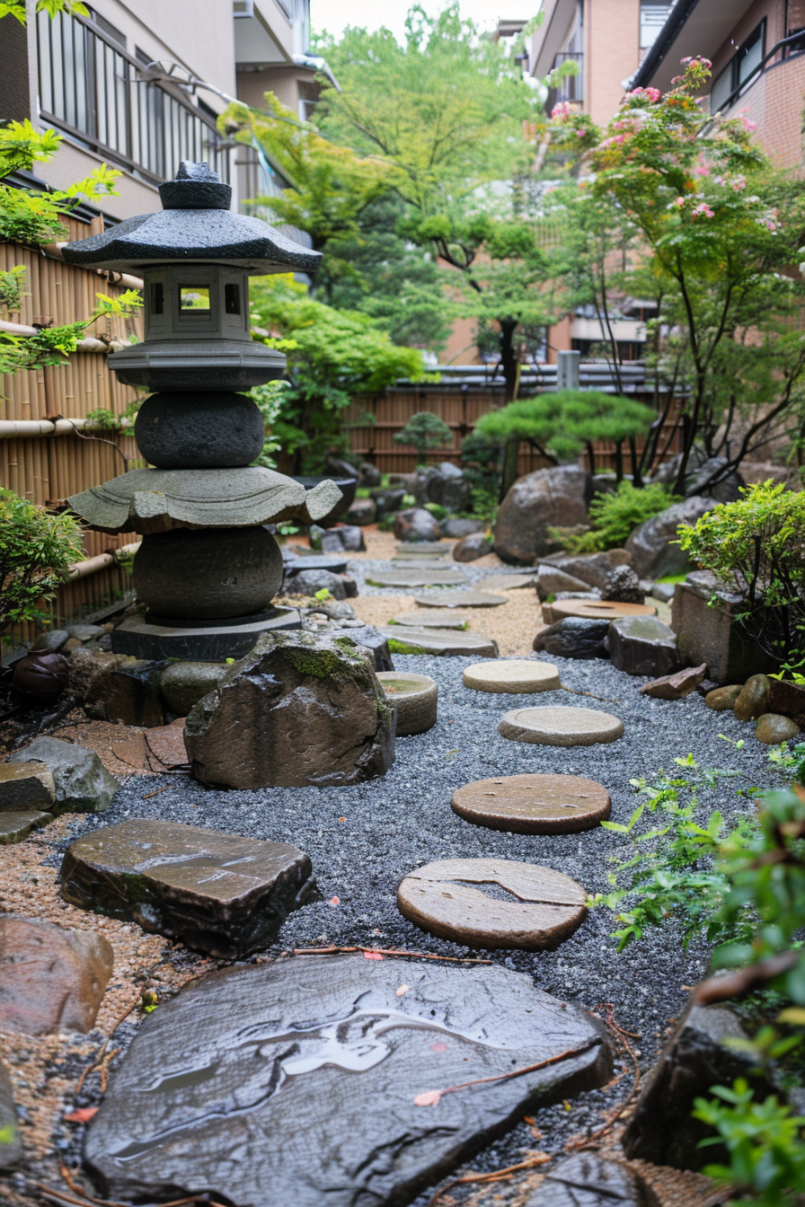 Stone lantern and stepping stones in a serene Japanese garden with lush greenery and buildings in the background.