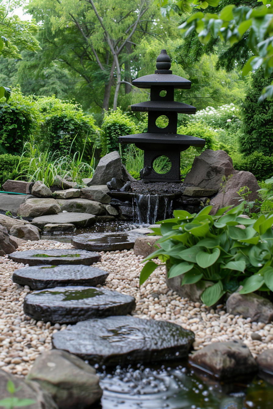 ALT: A tranquil Japanese-style garden featuring a tiered pagoda fountain amidst lush greenery with stepping stones across a small pond.