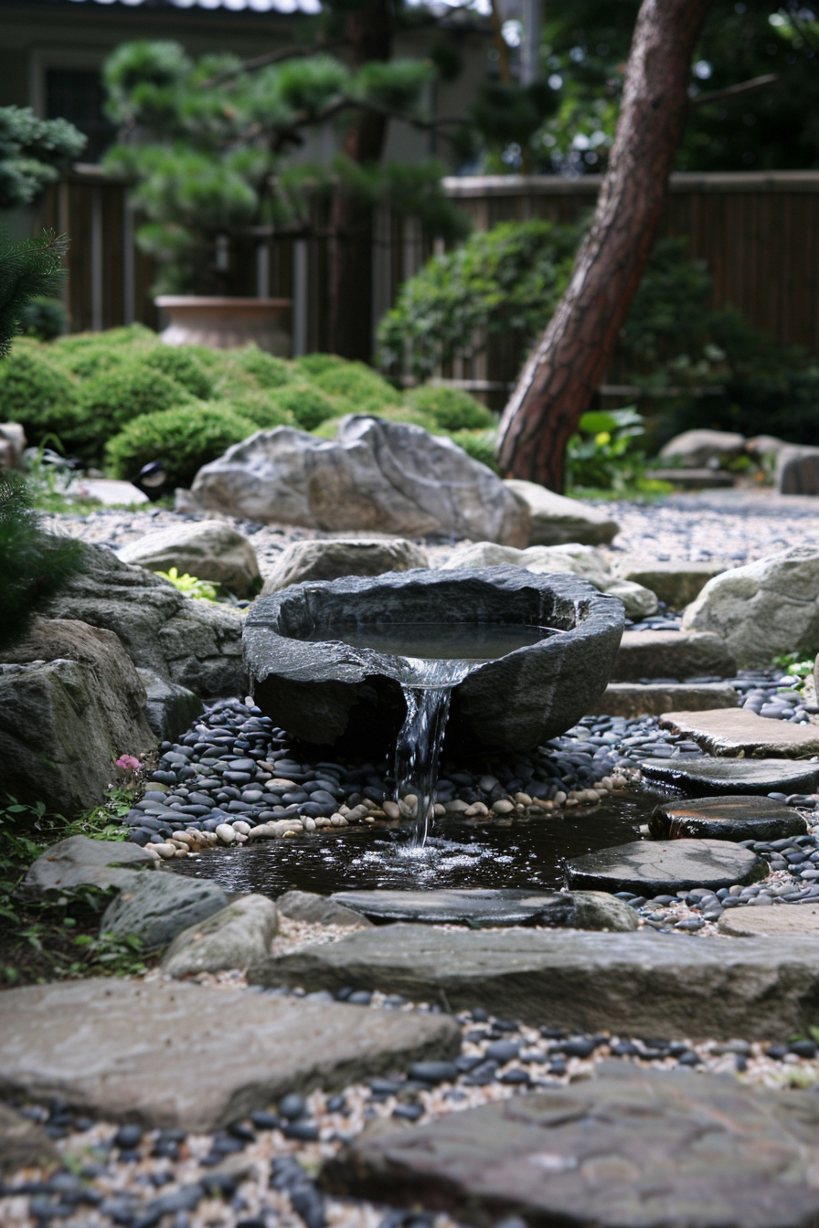 Water flowing from a stone fountain into a pebble-lined stream in a serene Japanese garden with greenery and a wooden fence.