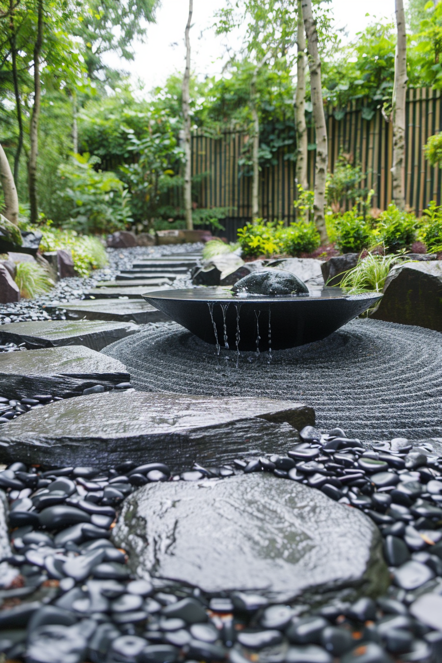 ALT text: Tranquil garden scene with a black fountain in the center surrounded by smooth black pebbles, stepping stones, and lush green foliage.