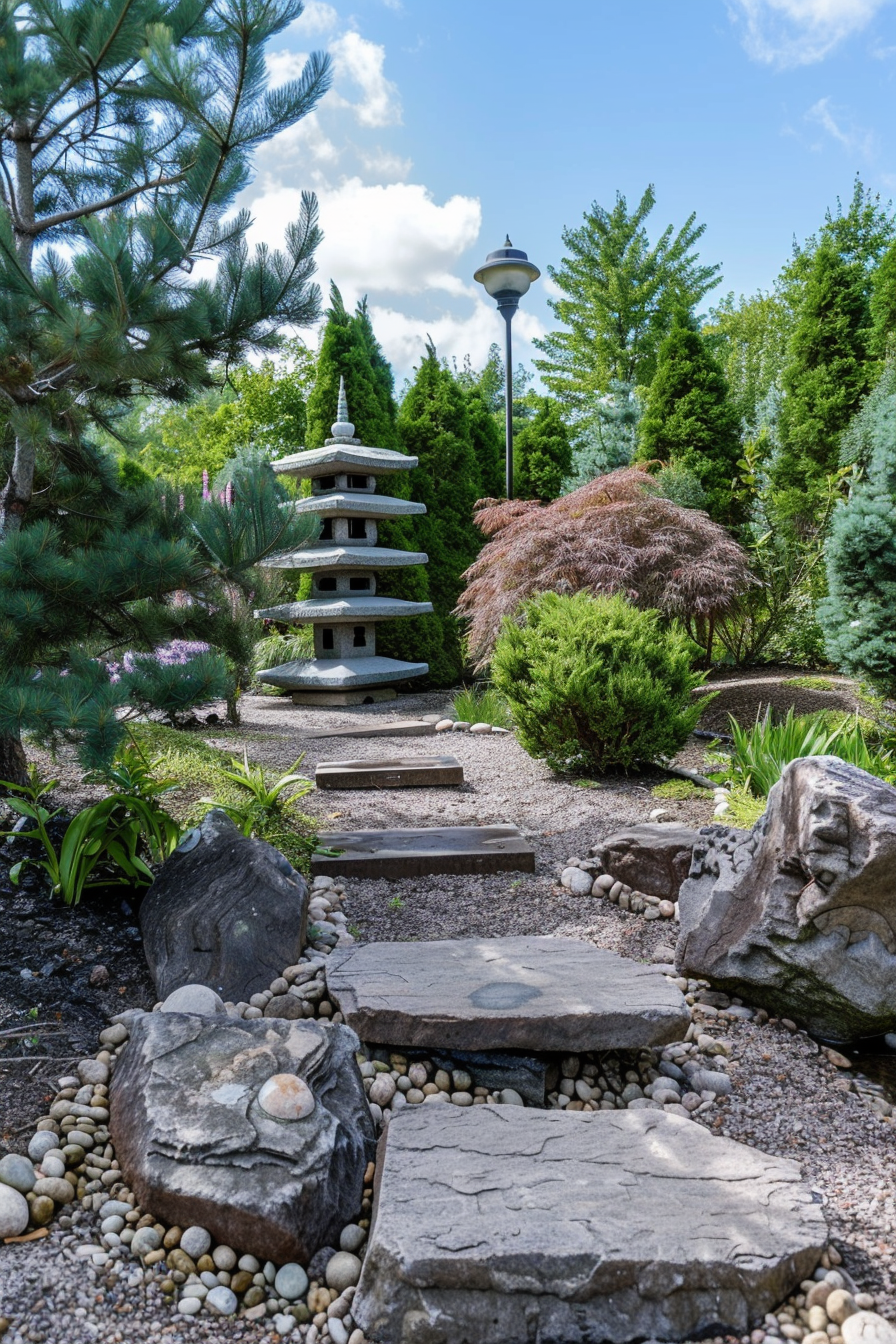 Stone pathway leading through a peaceful Japanese garden with a pagoda, pine trees, and lush greenery.