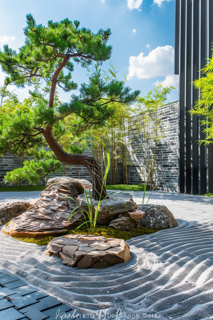 A serene Japanese garden with a meticulously raked sand pattern, a contorted pine tree, rocks, and modern architectural elements in the background.