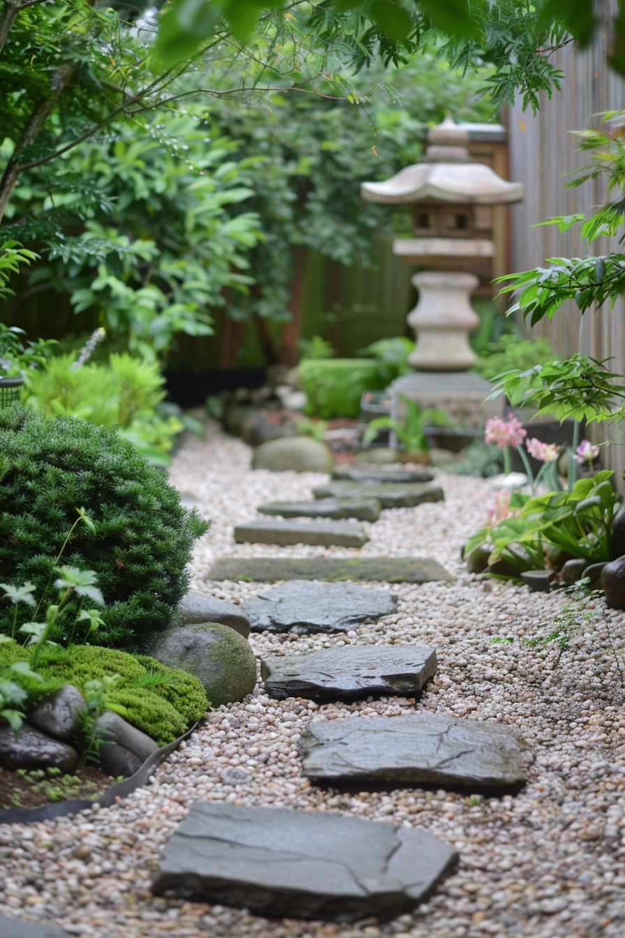 A serene Japanese garden path with stepping stones, surrounded by lush greenery and a traditional stone lantern.
