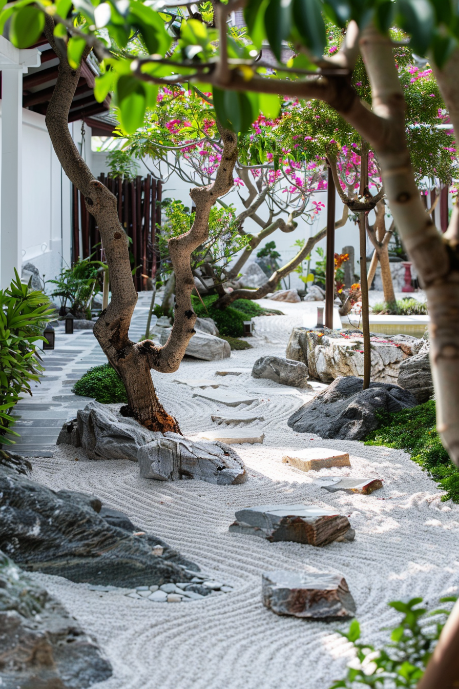 Zen garden with raked sand, stepping stones, and flowering trees, conveying tranquility and natural beauty.