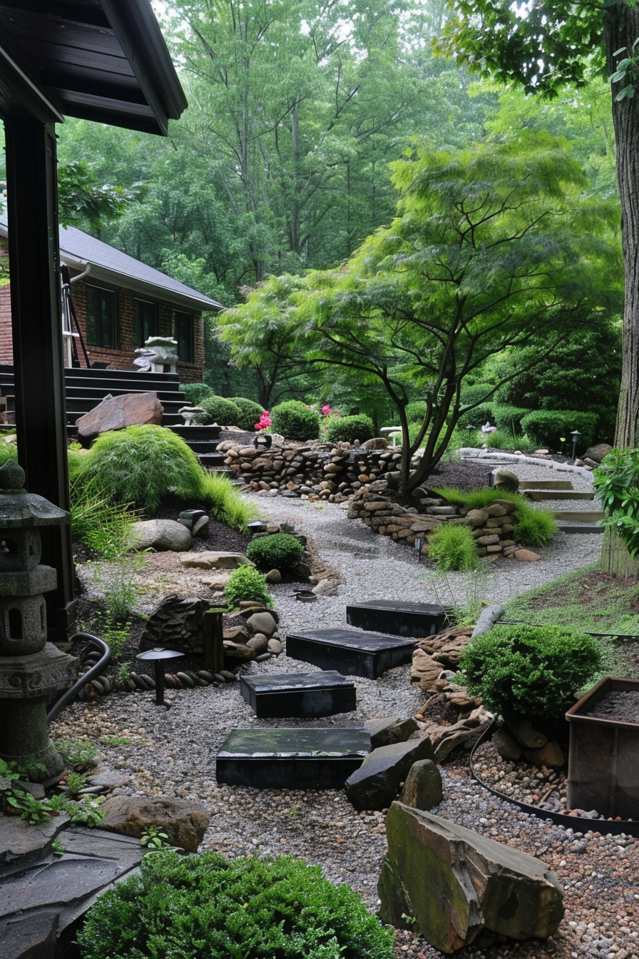 ALT Text: "Lush Japanese-style garden with stone steps, a gravel path, flowing greenery, and water feature, next to a wooden house."