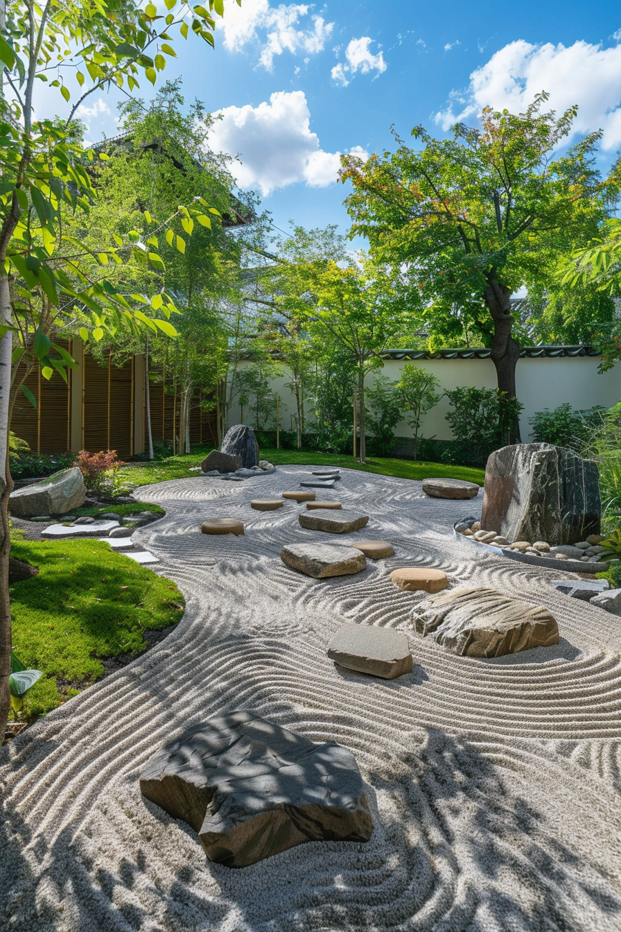 A serene Japanese Zen garden with raked sand patterns, stepping stones, and lush greenery under a blue sky with scattered clouds.