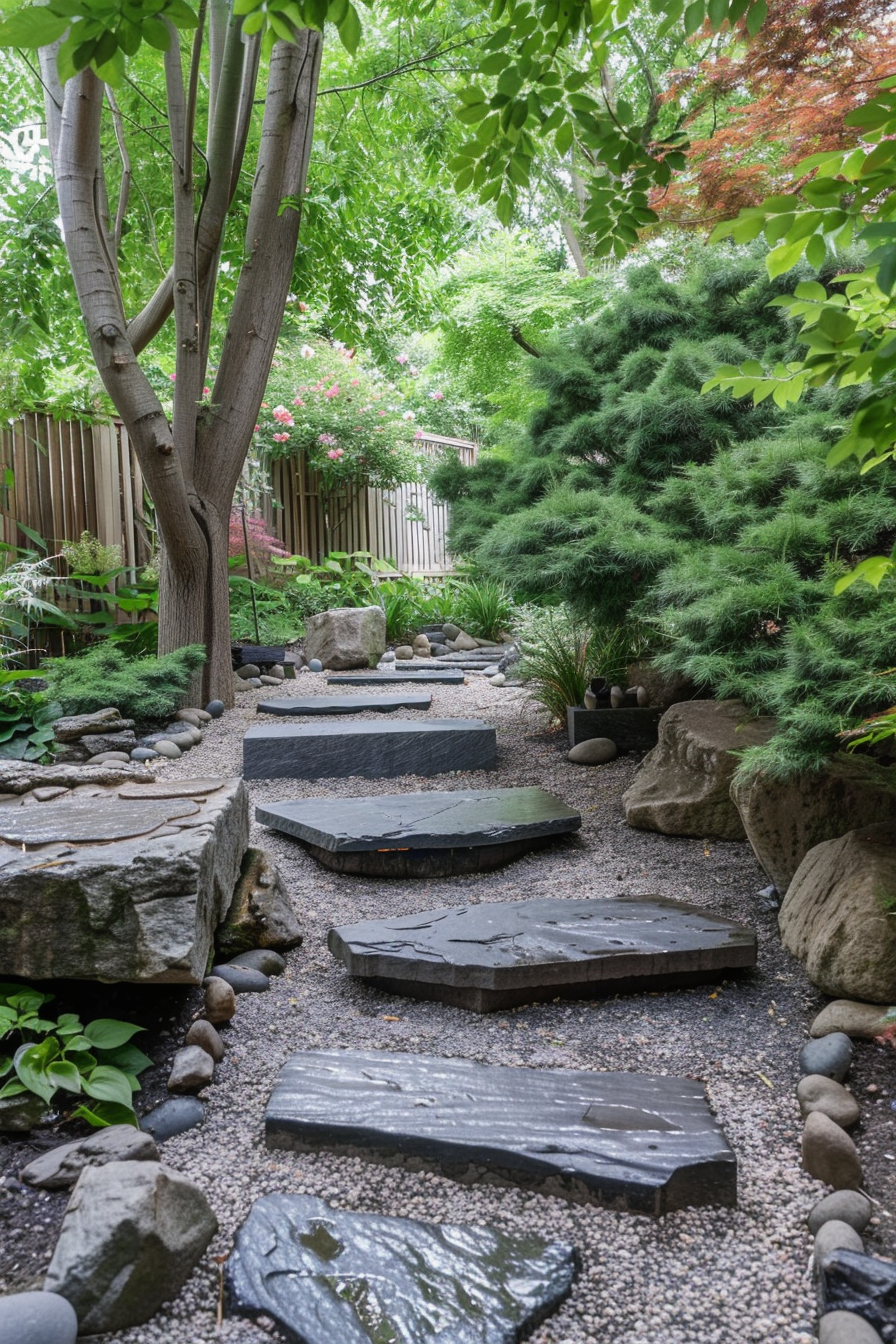 "Tranquil garden pathway with stepping stones through a lush, green landscape with flowering shrubs and varied foliage."
