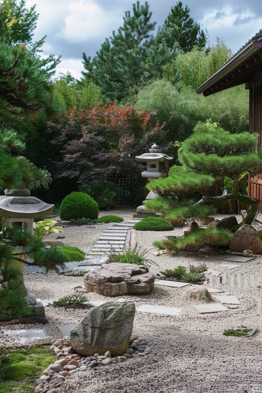 A serene Japanese garden with stone path, lanterns, meticulously raked gravel, and lush greenery under a cloudy sky.