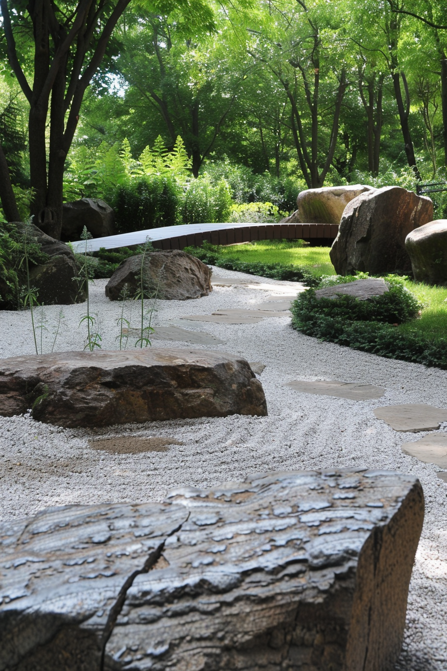 A serene zen garden with a white gravel path, stepping stones, and large surrounding rocks nestled among lush greenery.