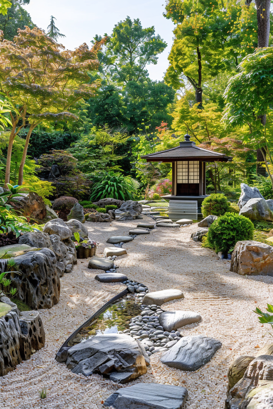 ALT text: A serene Japanese garden with a stone path leading to a small lantern-style structure, surrounded by lush trees and meticulously arranged rocks.