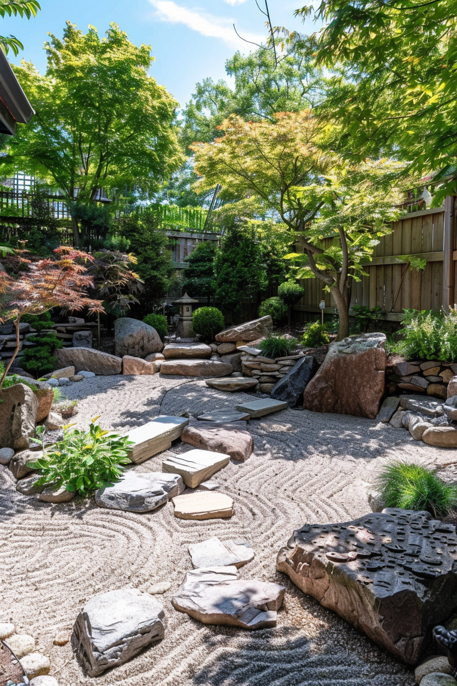 ALT Text: "Tranquil Japanese Zen garden with neatly raked sand, stepping stones, lush green trees, and decorative rocks under a sunny sky."