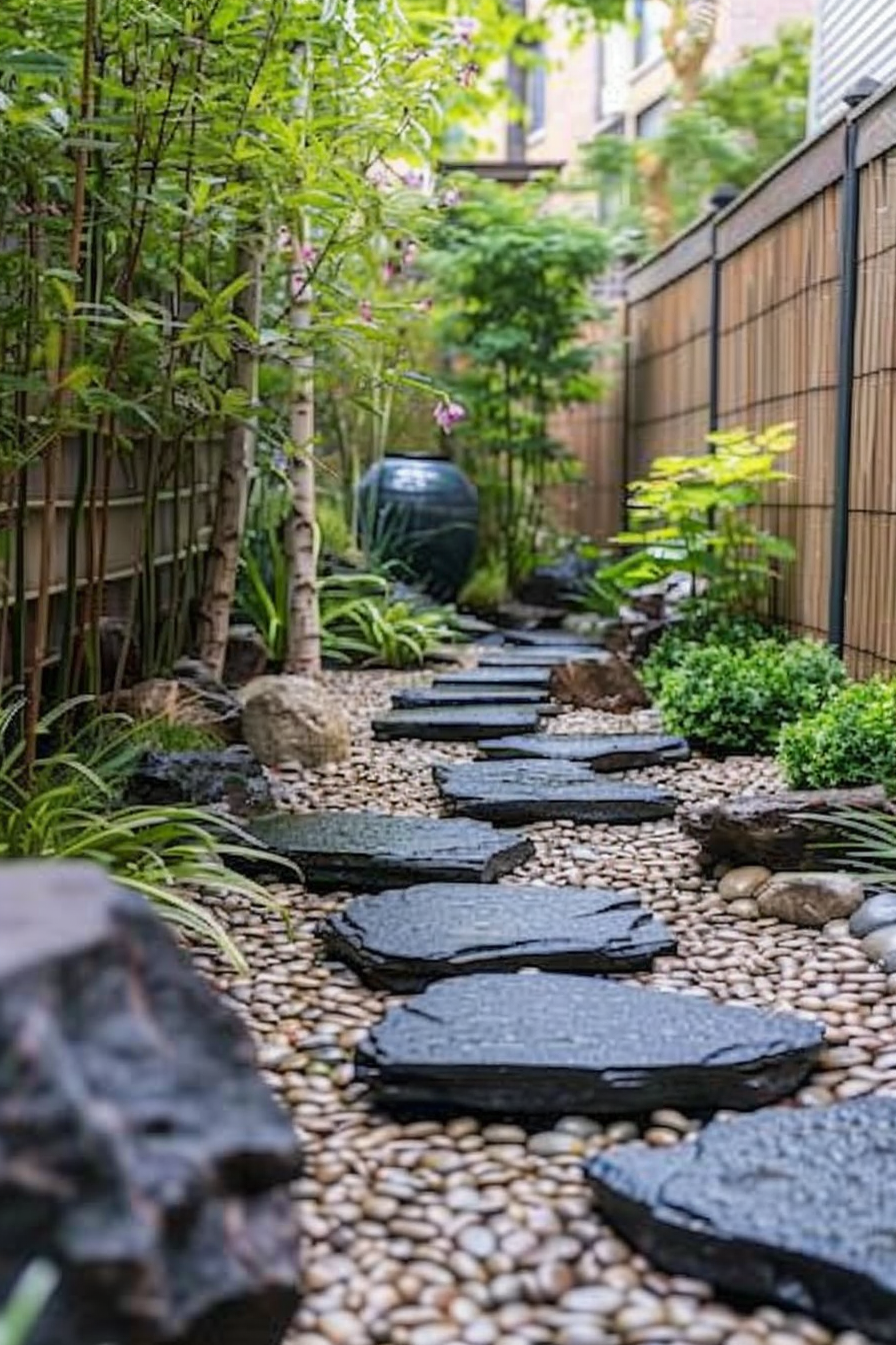 A tranquil garden pathway lined with stepping stones, surrounded by pebbles, bamboo, and lush greenery.