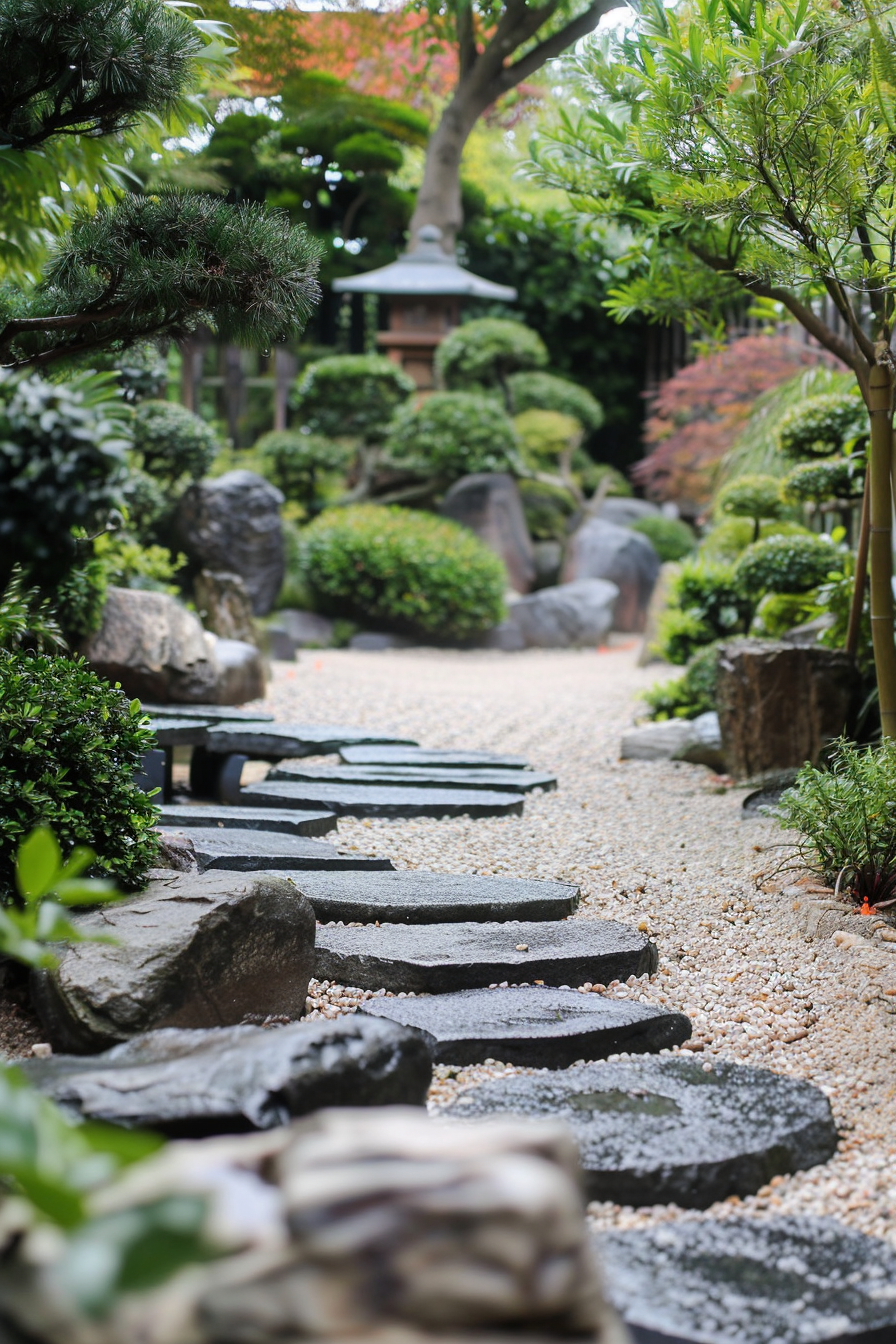 A serene Japanese garden pathway with stepping stones, surrounded by manicured shrubs and trees, leading to a stone lantern.