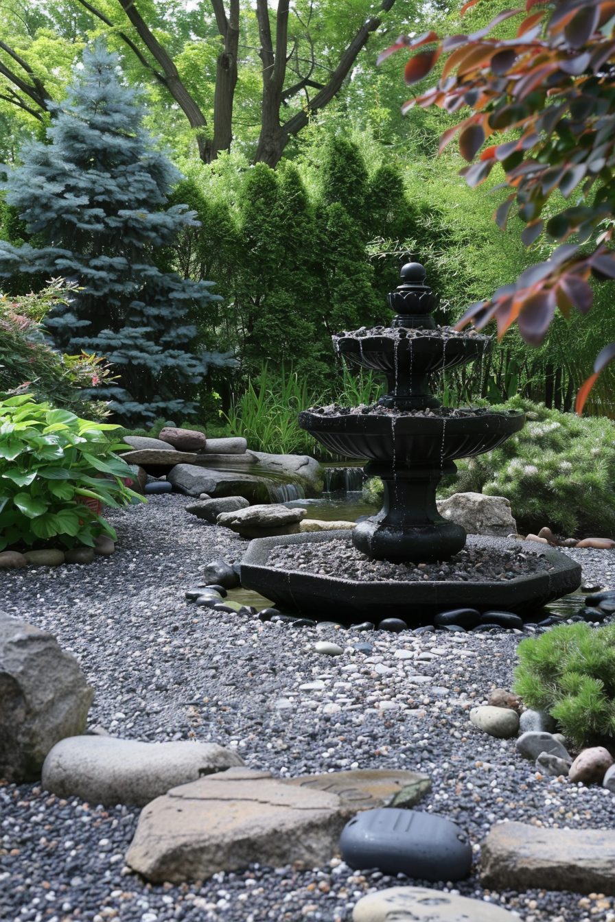 A serene garden scene with a tiered black fountain surrounded by lush greenery, rocks, and a gravel path.
