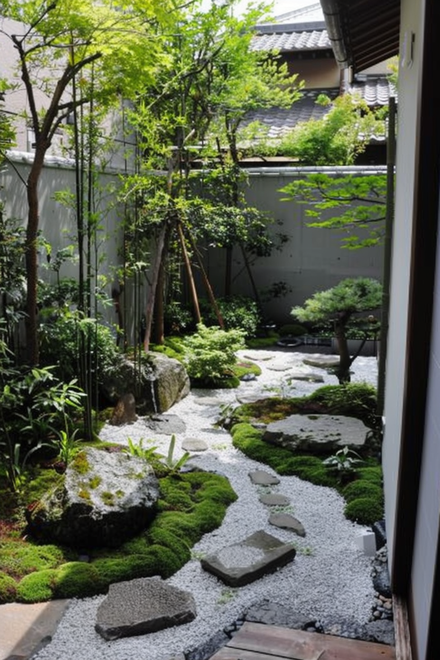 A serene Japanese garden with moss, stepping stones, gravel pathways, and green foliage, viewed from a doorway.