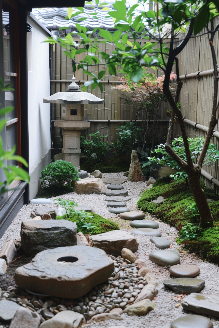 A serene Japanese garden with a stone lantern and a path of round stepping stones, surrounded by moss, plants, and a bamboo fence.