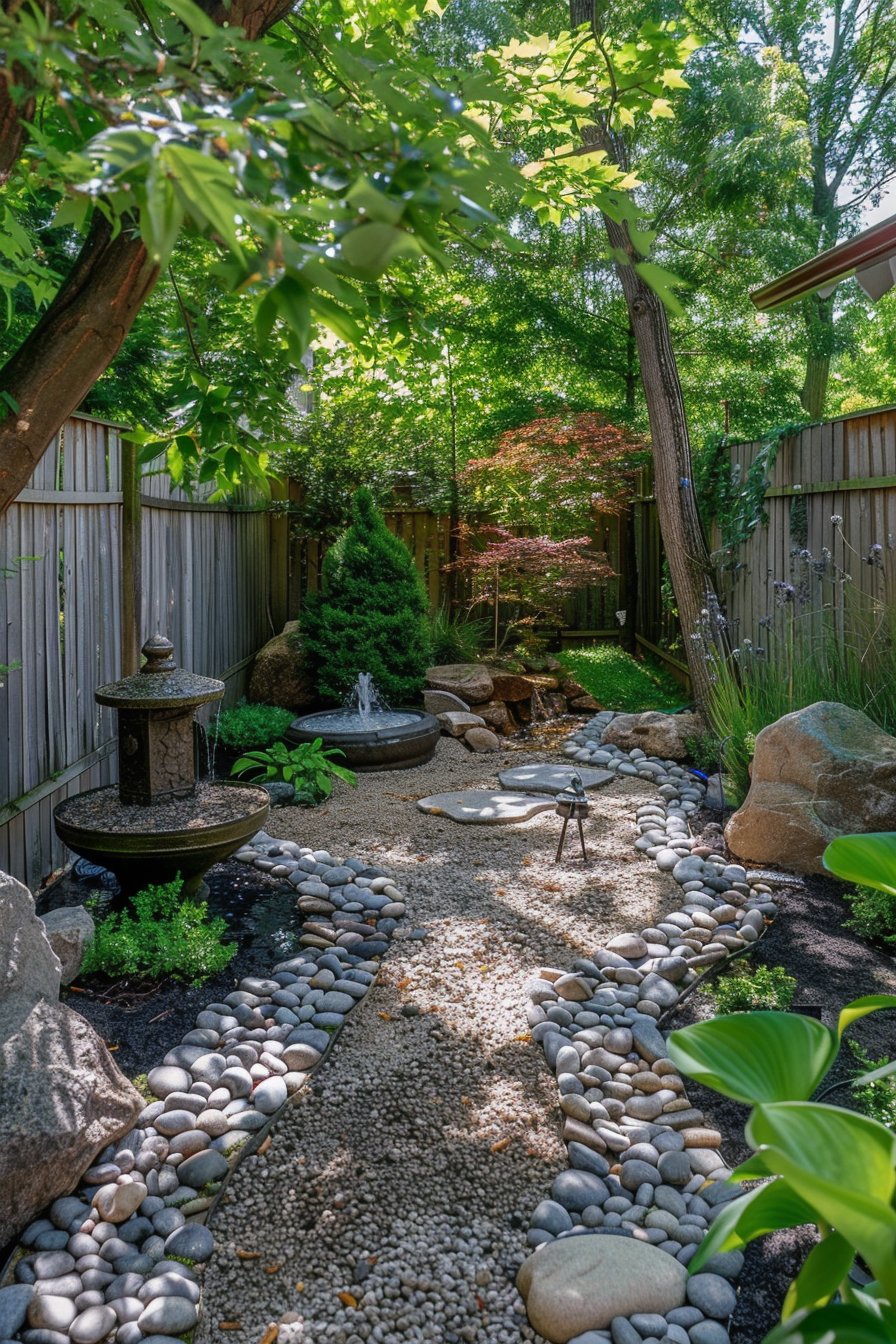 Tranquil backyard garden with pebble pathways, a fountain, lush greenery, and a variety of plants surrounded by a wooden fence.