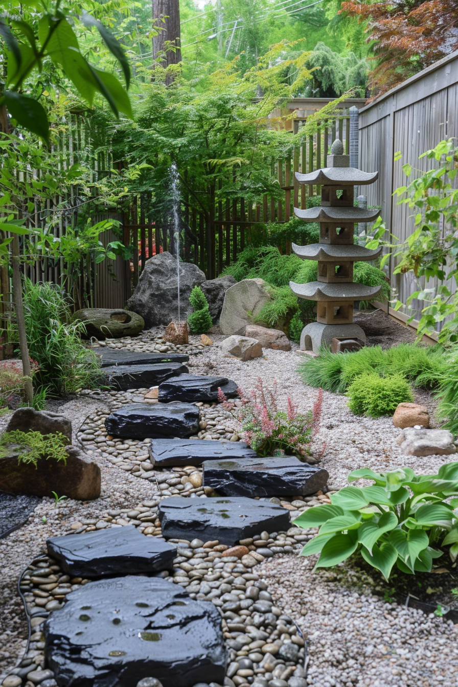 Tranquil Japanese garden path with stepping stones, a stone pagoda, and lush greenery after rain.