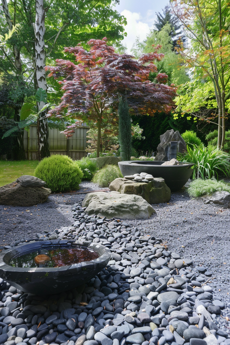 A serene Japanese garden with a red maple tree, pebble paths, stone basins, and lush greenery.