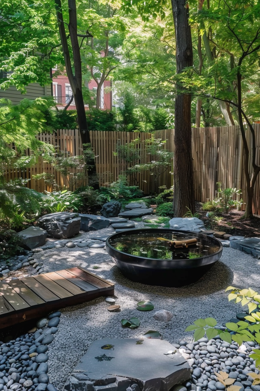 A serene backyard garden with a large water bowl, surrounded by rocks, pebbles, greenery, and a wooden walkway.