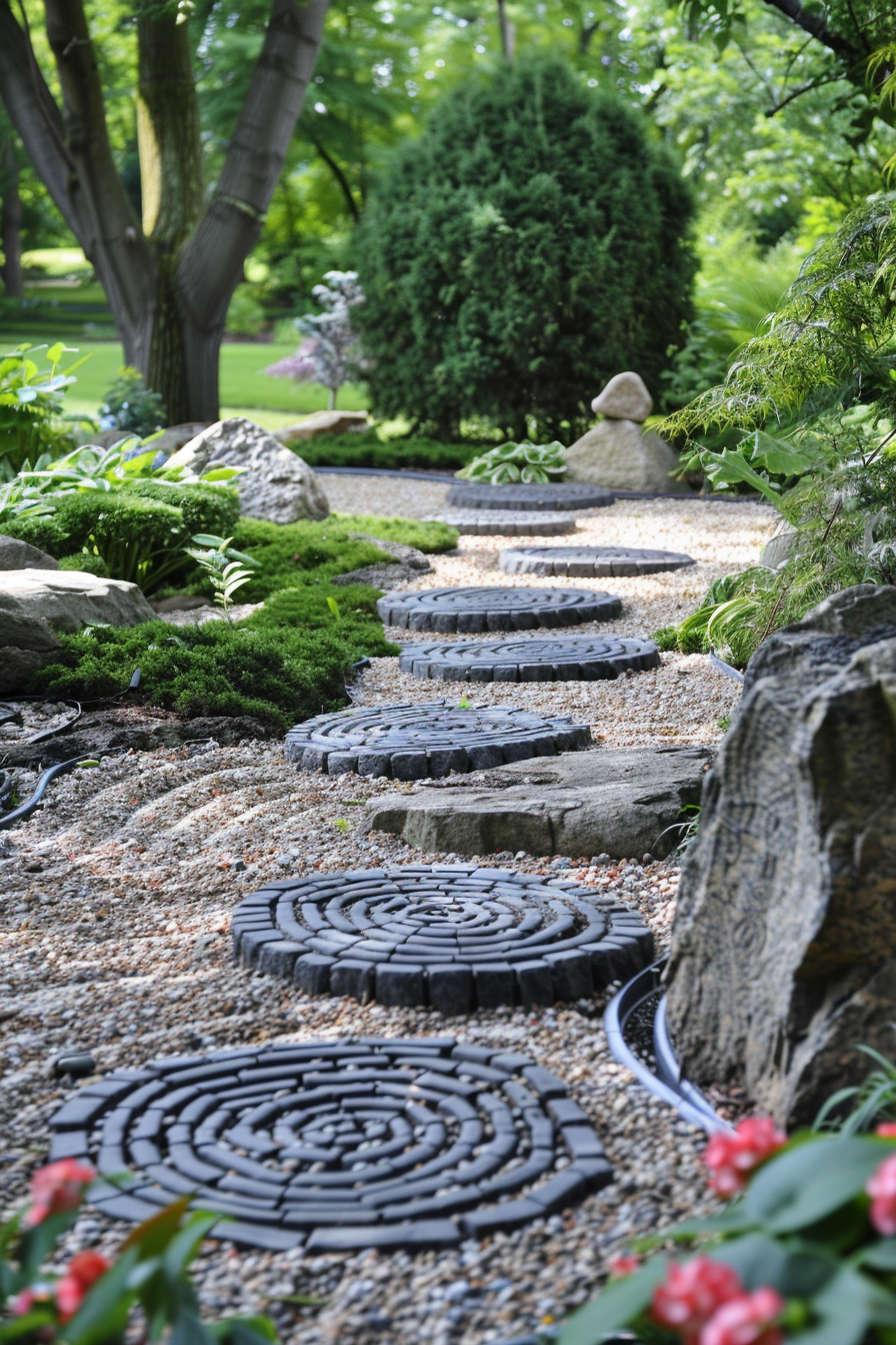 A winding garden path made from decorative circular stepping stones surrounded by lush greenery and flowers.
