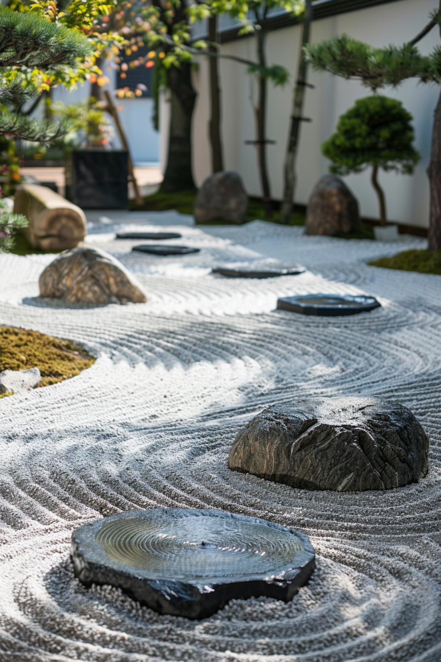 Path of stepping stones across a raked gravel garden with patterns, surrounded by greenery in a tranquil setting.