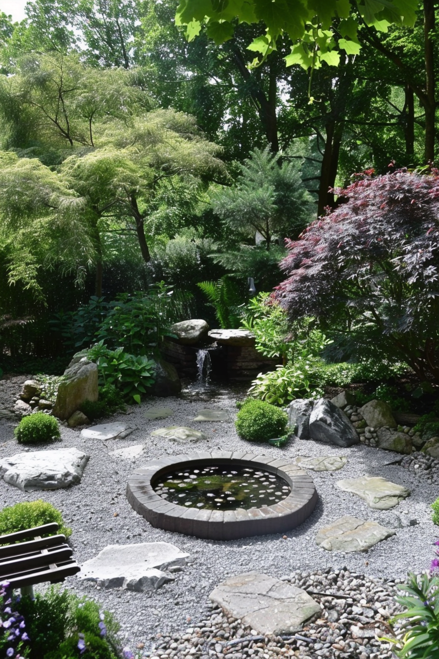A serene Japanese garden with a small waterfall, lush greenery, a maple tree, stepping stones, and a central koi pond.