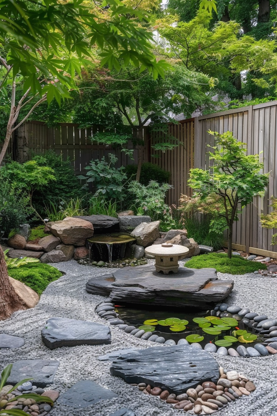 A serene Japanese garden with a stone lantern, stepping stones, a water feature with lily pads, surrounded by lush greenery and a wooden fence.