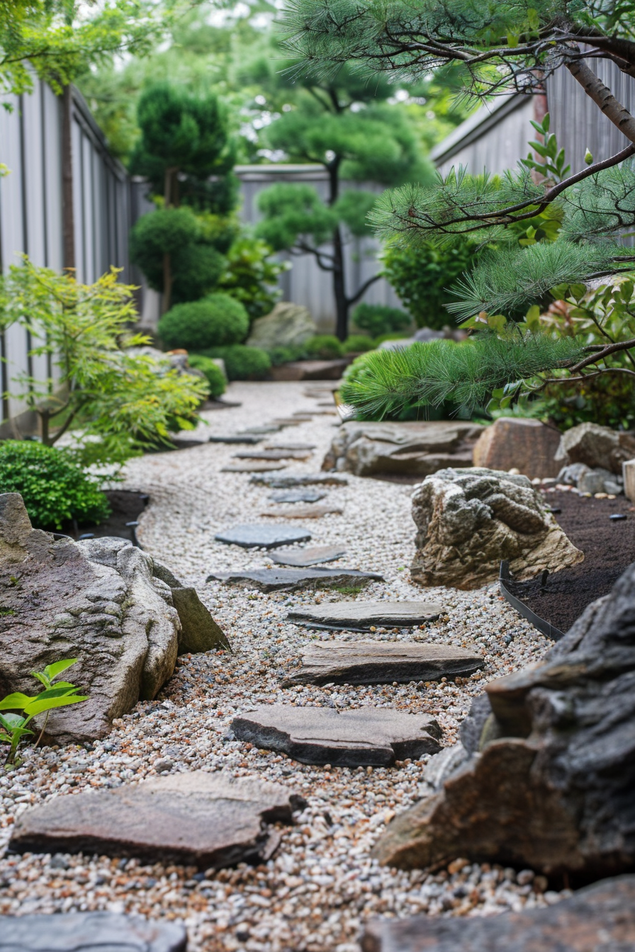 A serene Japanese garden pathway with stepping stones, surrounded by green foliage and manicured shrubs.