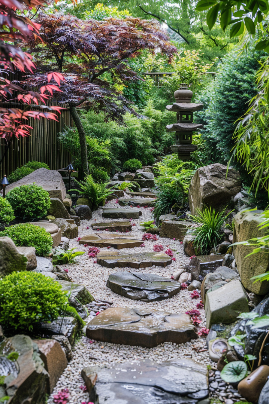 ALT text: A tranquil Japanese garden path with stepping stones, surrounded by lush greenery, a stone lantern, and pops of pink flowers.