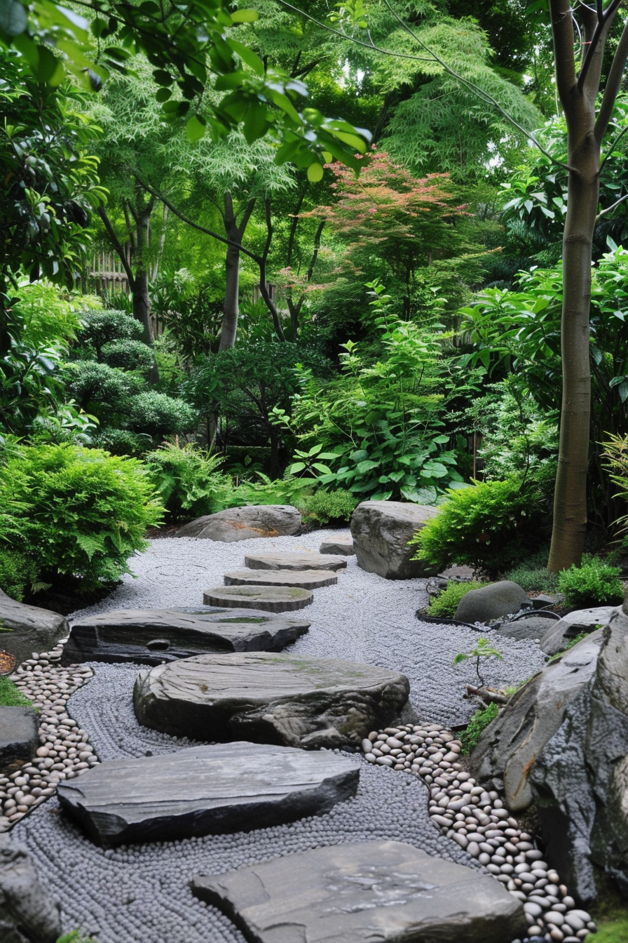 A serene Japanese garden path with stepping stones surrounded by lush greenery and pebbles.