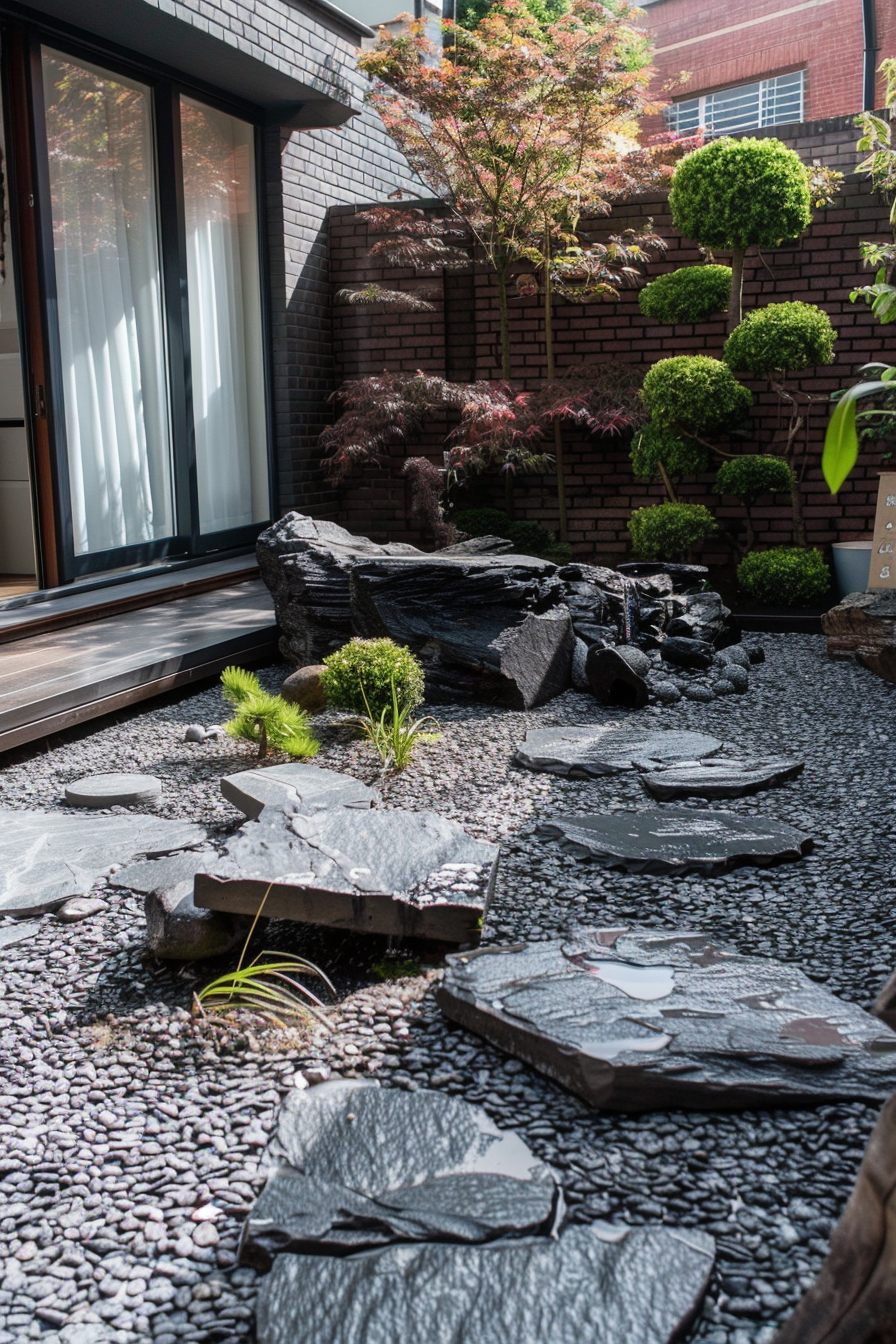 A Japanese-style garden with stepping stones, pebbles, and manicured shrubs beside a modern house with large windows.