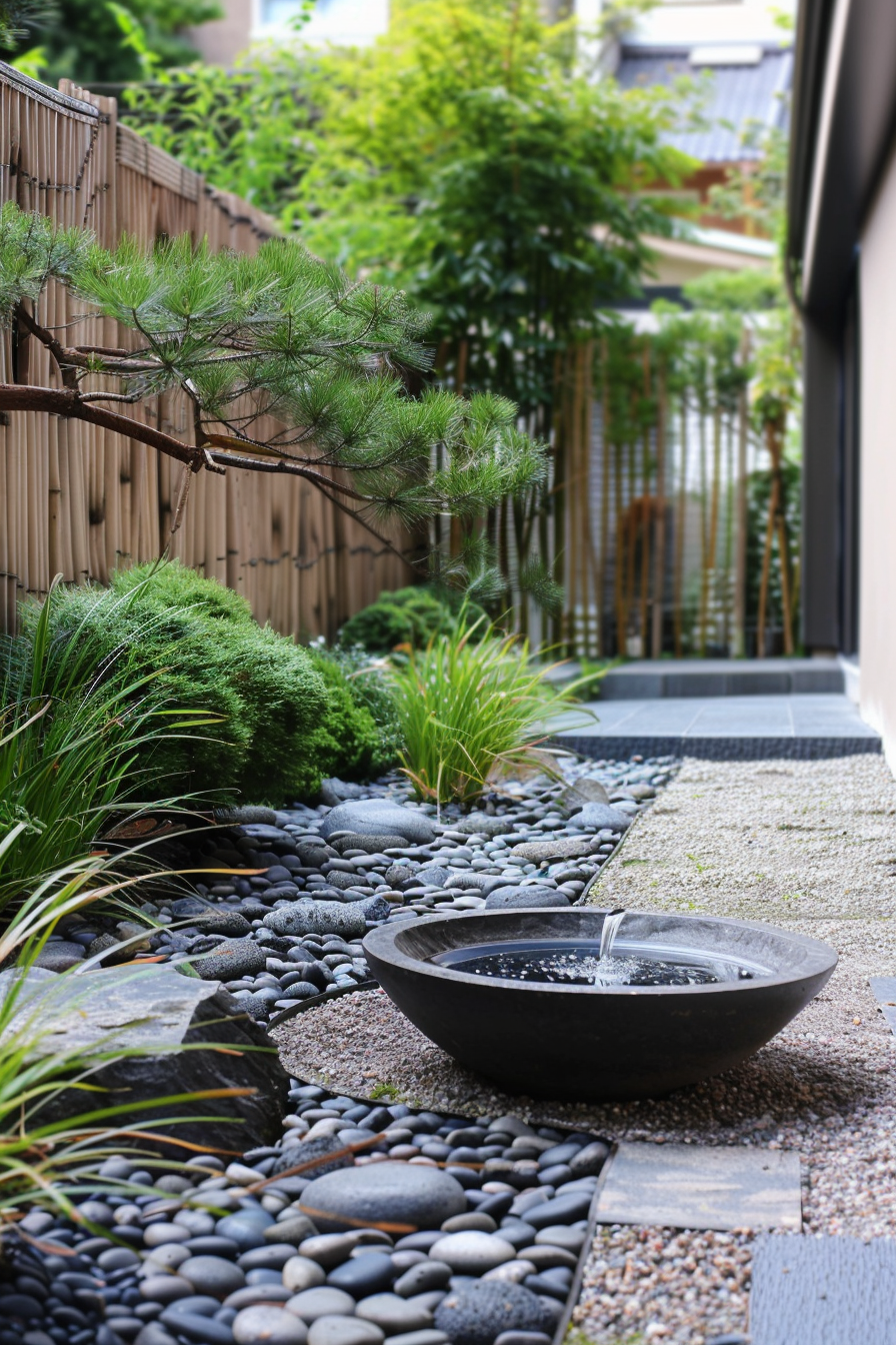 Tranquil Japanese garden pathway with stepping stones, a water bowl feature, assorted pebbles, and green plants.
