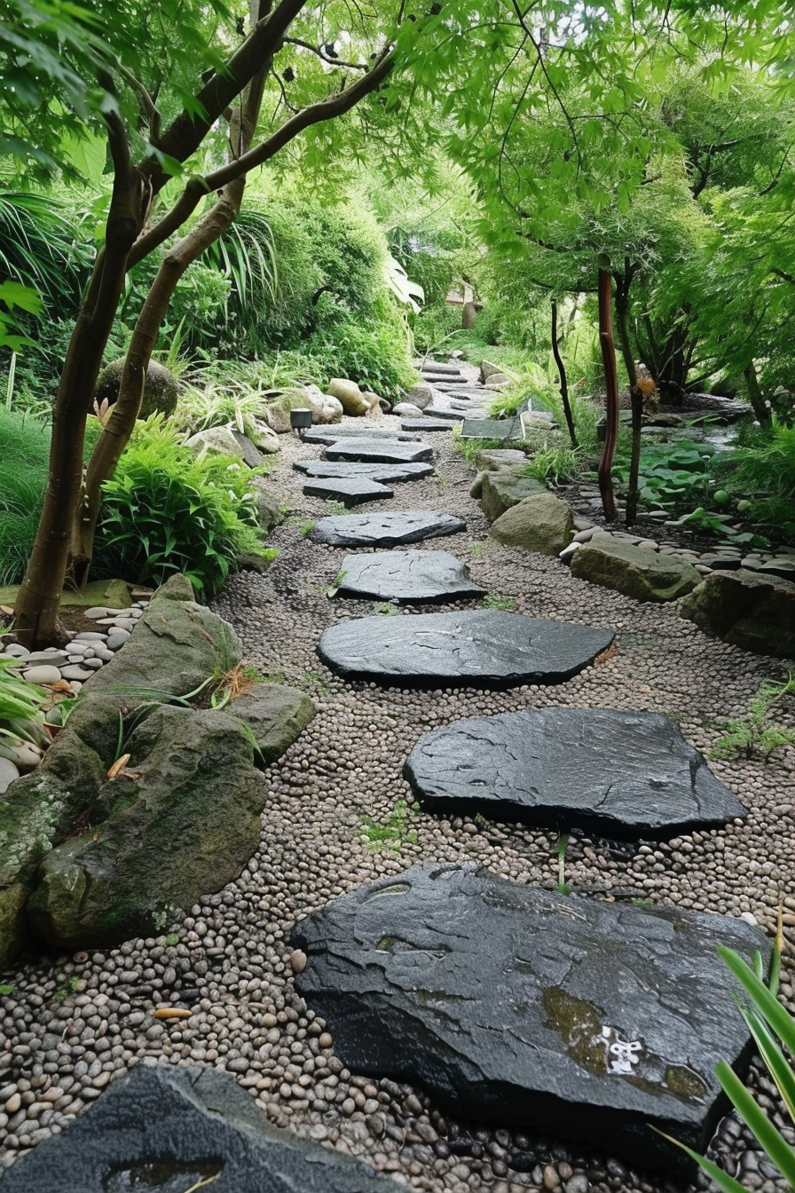 A serene garden pathway lined with large stepping stones, surrounded by lush greenery and pebbles.