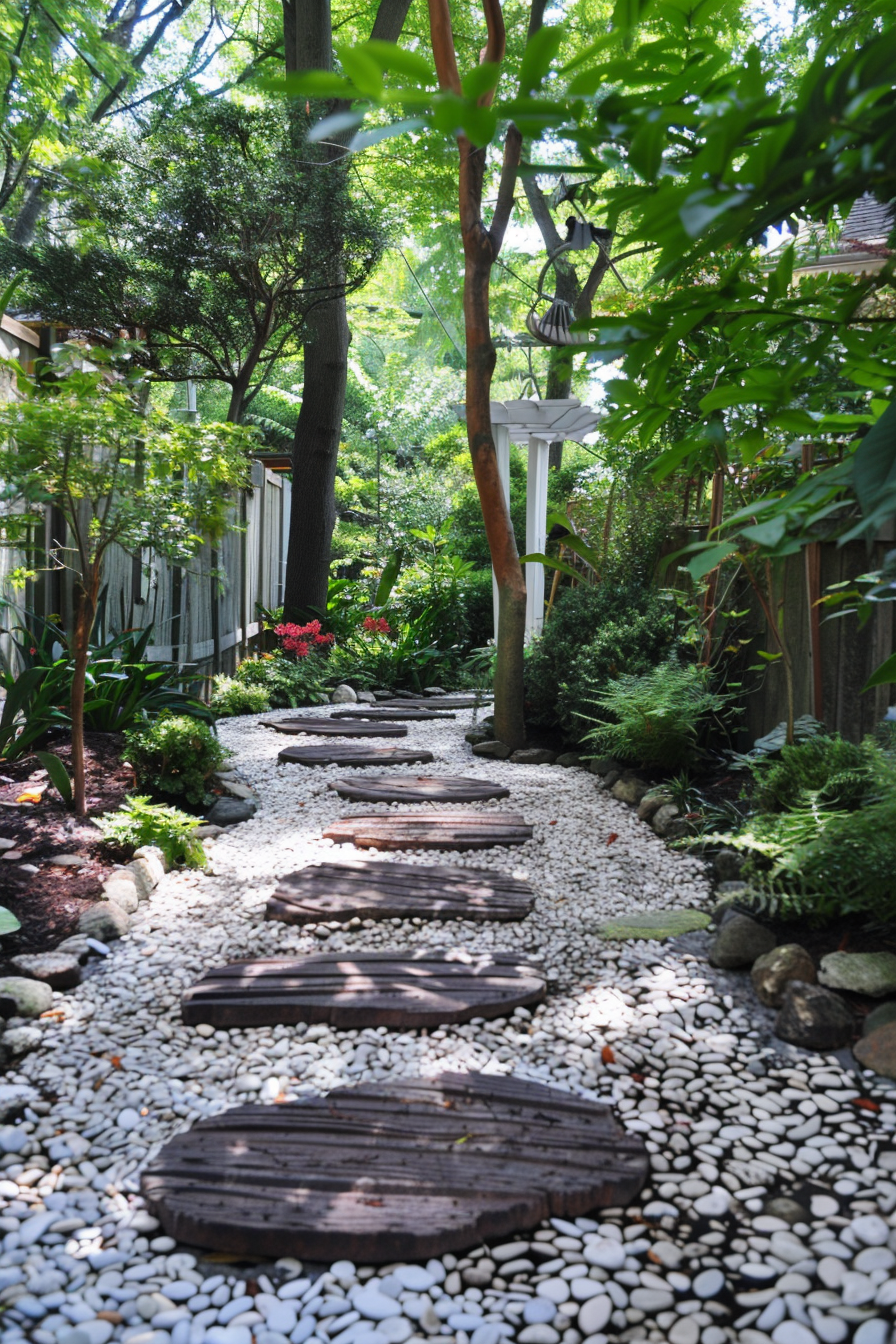A serene garden pathway lined with wooden stepping stones, surrounded by white pebbles and lush greenery.