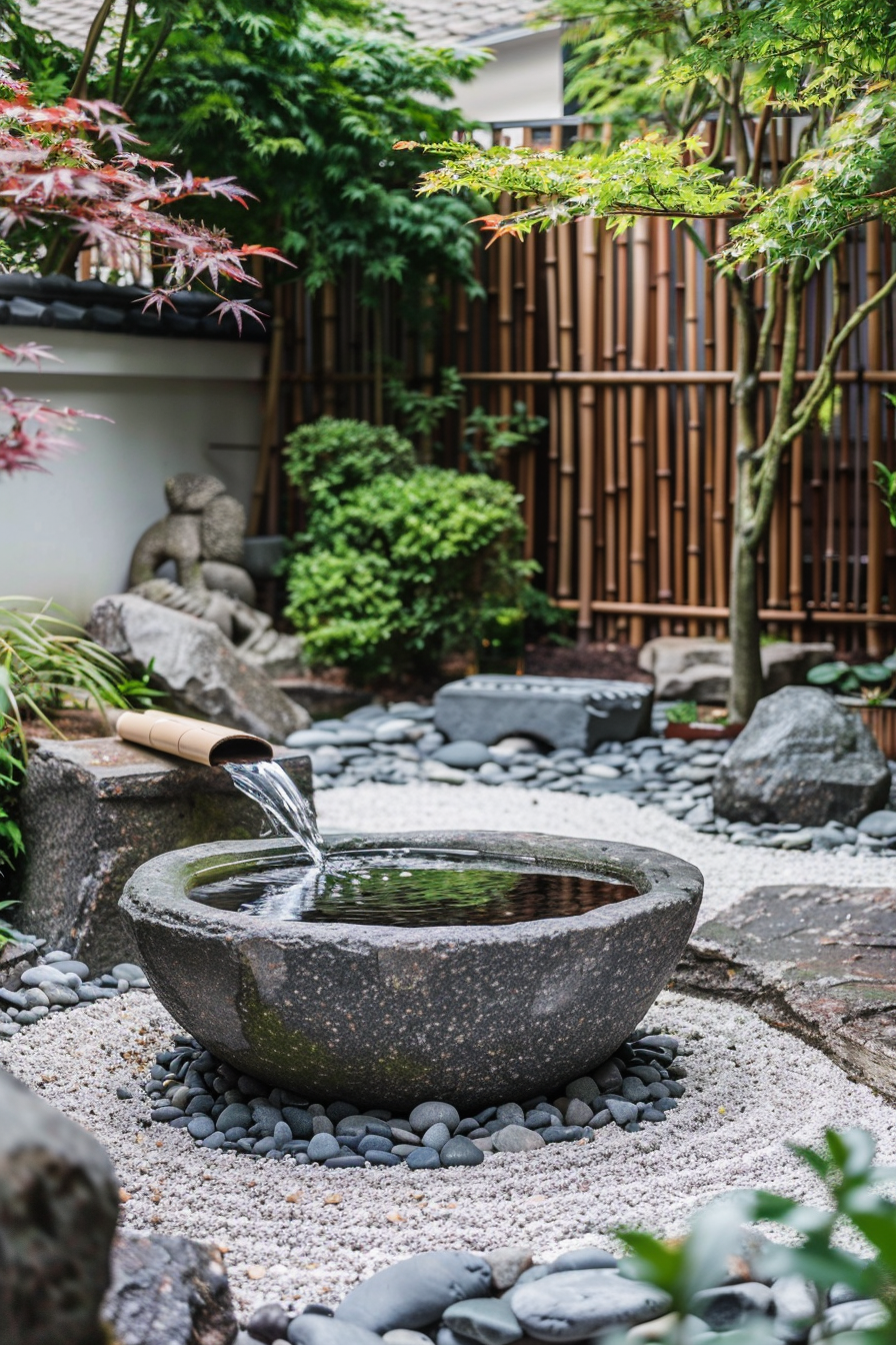 Tranquil Japanese garden scene with water gently pouring from a bamboo spout into a stone basin amid maple trees and pebbles.