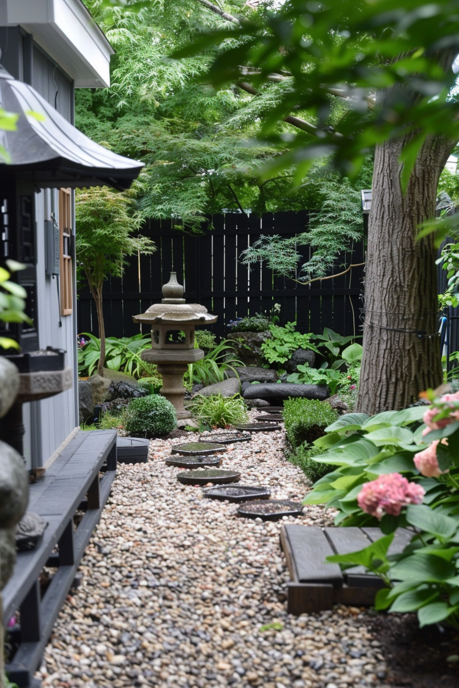 ALT: A serene Japanese-style garden with stepping stones, a stone lantern, lush greenery, and gravel pathways beside a traditional wooden porch.
