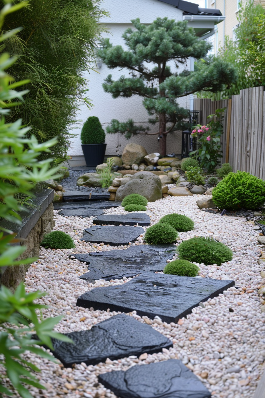 A serene garden pathway lined with dark stepping stones, surrounded by lush green bushes and a variety of rocks.