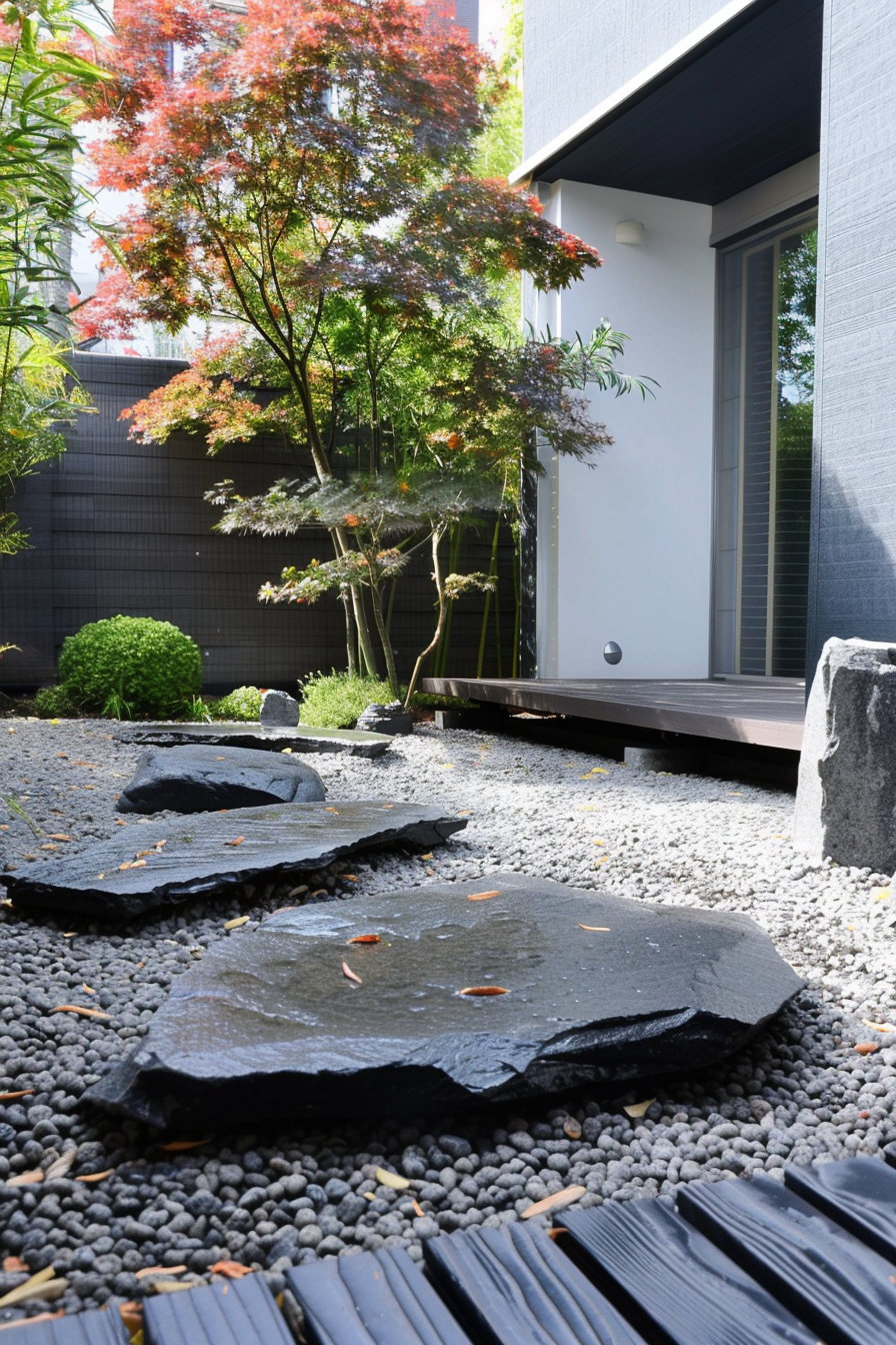 ALT: Japanese-style garden featuring a pebble path with large stepping stones, maple trees with red leaves, and a modern house entrance.