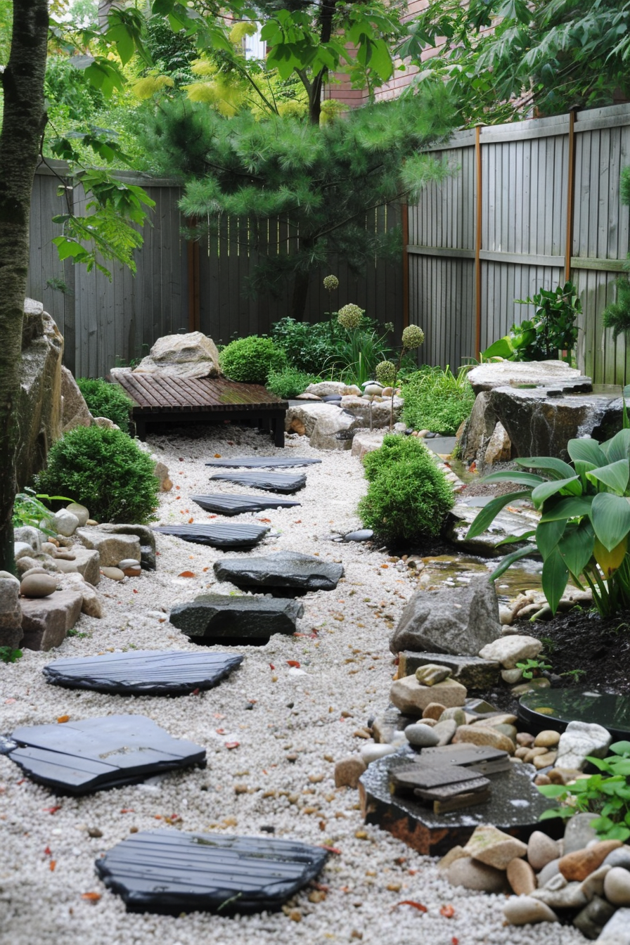 A serene garden pathway lined with black stepping stones amid white gravel and surrounded by lush greenery and rocks.