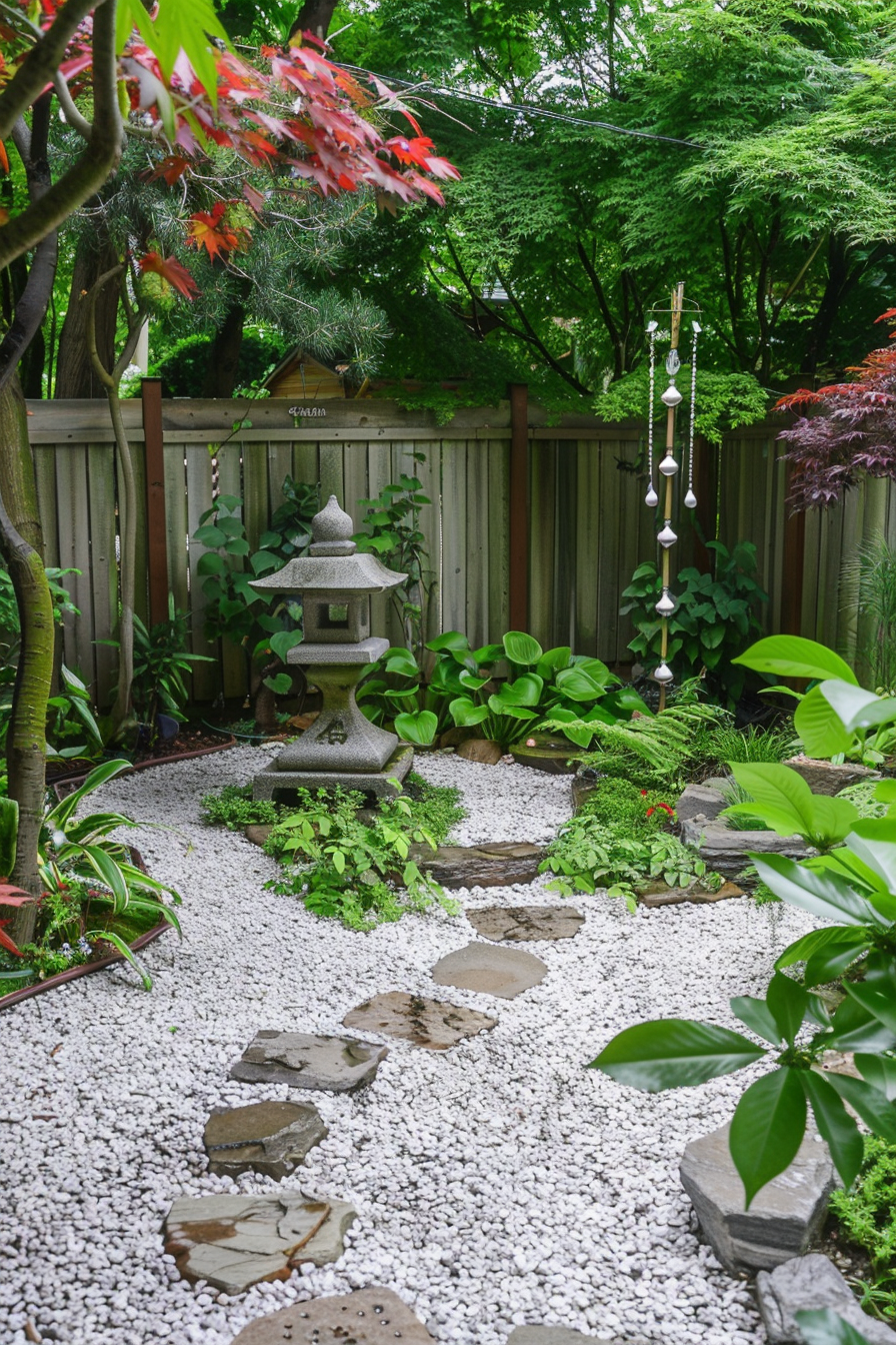 Tranquil Japanese garden with stepping stones, white gravel, a stone lantern, assorted lush greenery, and a wind chime.