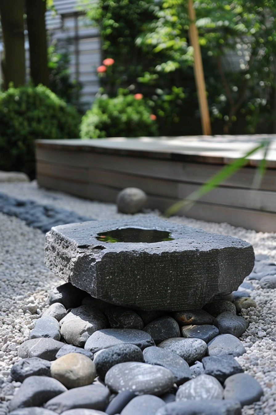 Stone water basin in a tranquil Japanese garden, with pebbles and blurred green foliage in the background.